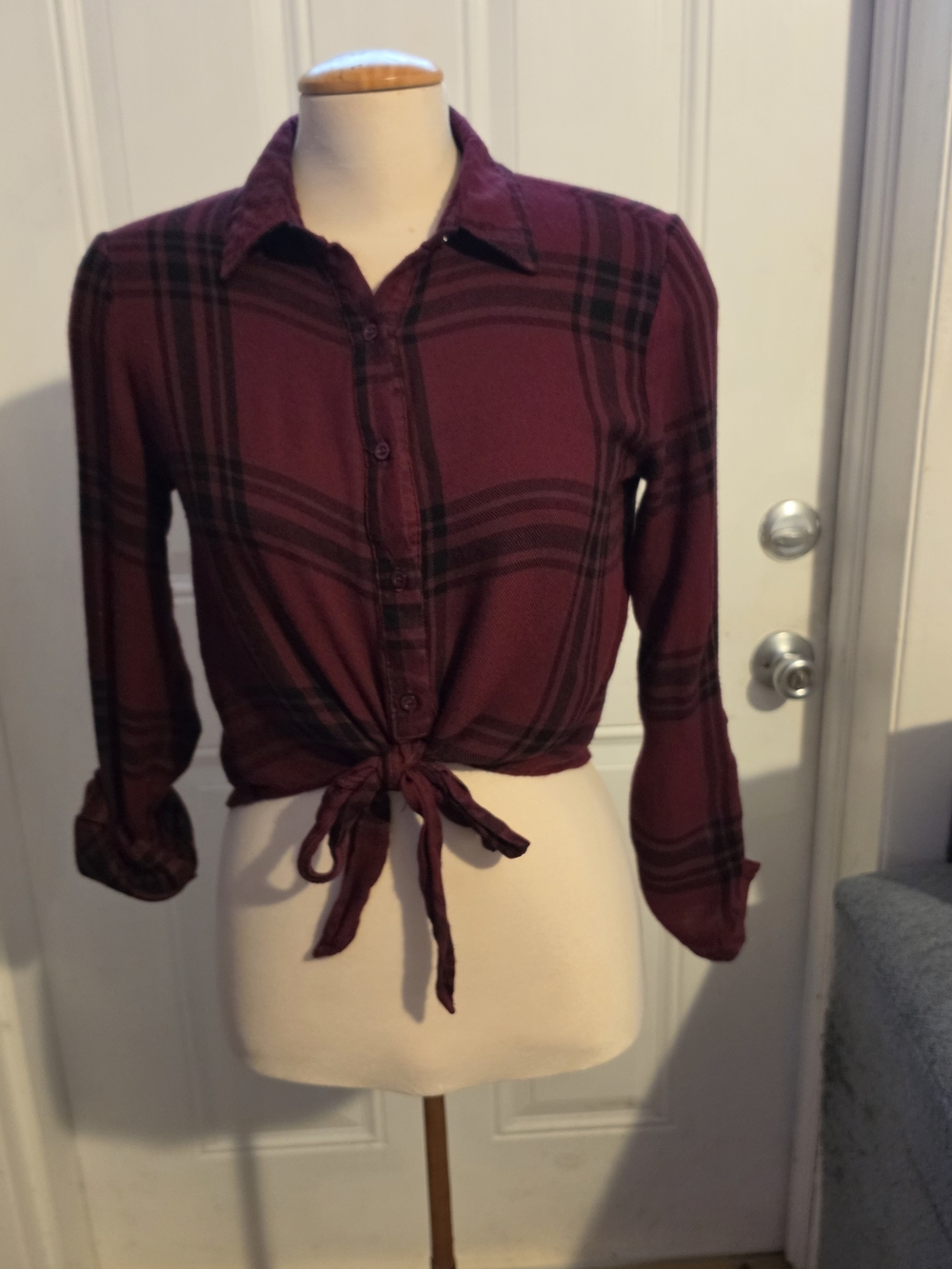 mine Burgundy Plaid Tie-Front Button Down Shirt